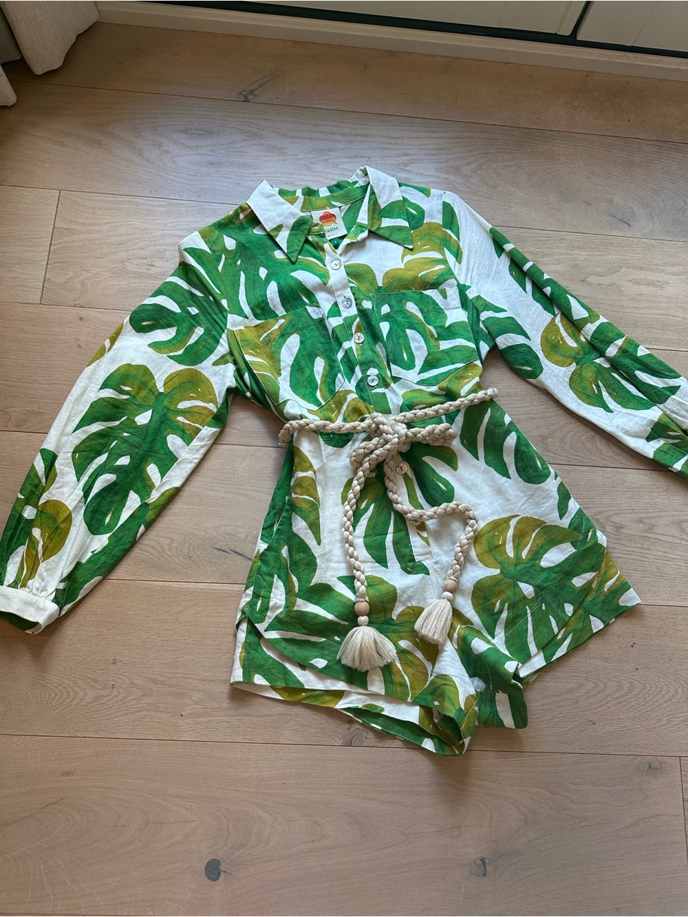 FARM Rio Green & Olive Leaf Print Romper